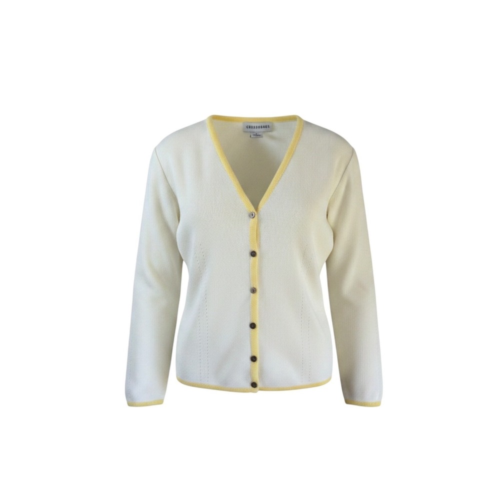 Crossroads Vintage Cream V-Neck Cardigan Yellow Trim Button Front Sweater Small